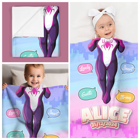 Personalized Spider Girl Baby Blanket – Custom Name, Date & Background | Superhero Baby Gift